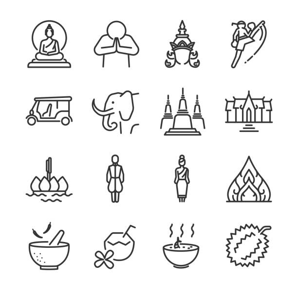 ilustraciones, imágenes clip art, dibujos animados e iconos de stock de conjunto de iconos tailandés. incluye los iconos como saludo tailandés, templo, boxeo, pagoda, estatua de buddha, tom yum kung y mucho más. - art thailand thai culture temple