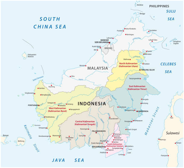 ilustraciones, imágenes clip art, dibujos animados e iconos de stock de mapa del vector administrativo y político de los distritos de indonesia en la isla borneo kalimantan - kalimantan