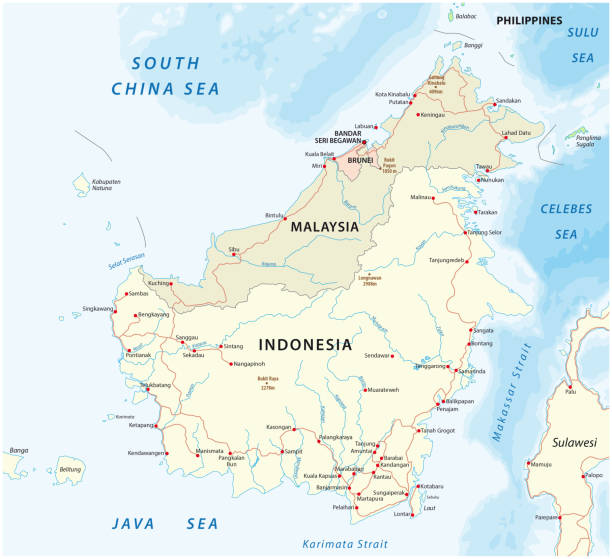 ilustrações de stock, clip art, desenhos animados e ícones de vector road map of island borneo kalimantan - sarawak state