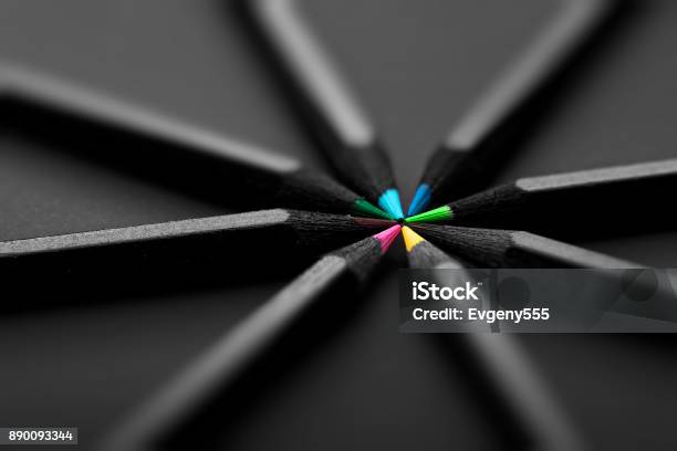 Black Colored Pencils On Black Background Stock Photo - Download Image Now - Creativity, Concepts, Design