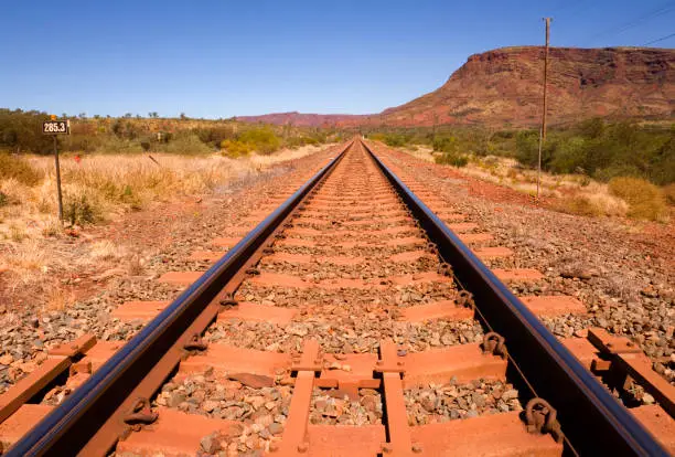 Railway line running beside Mount Nameless near the town of Tom Price in Western Australia. Tom Price exists solely to support the mining of iron ore from this area of the Pilbara.