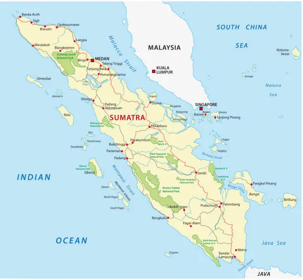 Vector illustration of Road map of the indonesian island sumatra