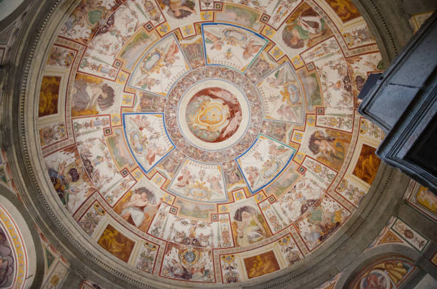 Capararola, Viterbo Italy. December 11, 2016. Palazzo Farnese. The frescoed dome of the staircase of Vignola in Palazzo Farnese in Caprarola, Renaissance building. View from the staircase of the frescoed dome cardinal clergy stock pictures, royalty-free photos & images