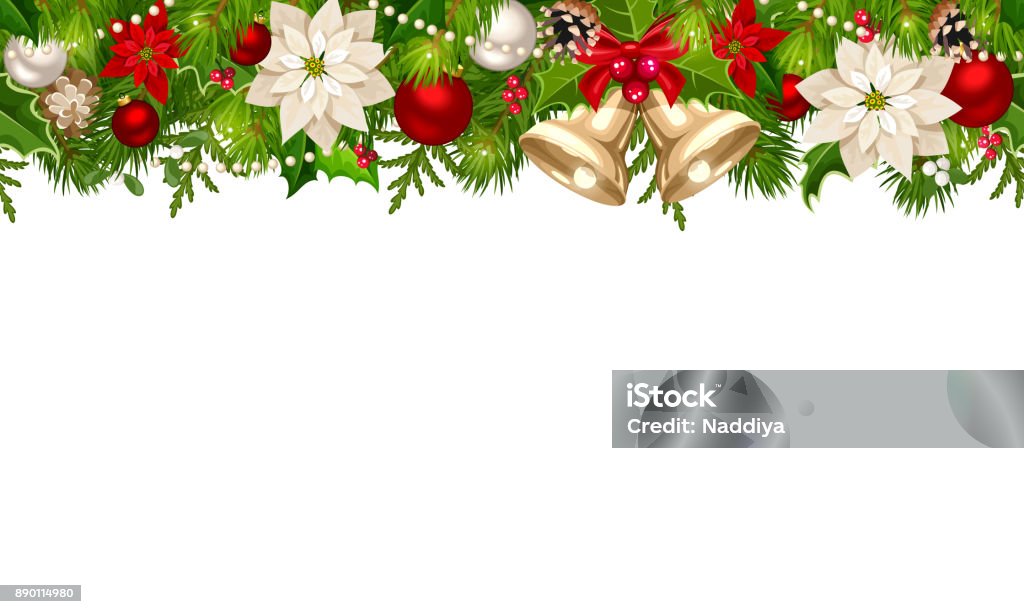 Christmas horizontal seamless background with fir branches, balls, bells and poinsettia flowers. Vector illustration. Vector Christmas horizontal seamless background with red and silver balls, bells, poinsettia flowers and green fir branches. Holly stock vector