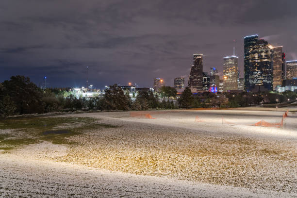 downtown houston, à noite, com queda de neve em eleanor park - eleanor - fotografias e filmes do acervo