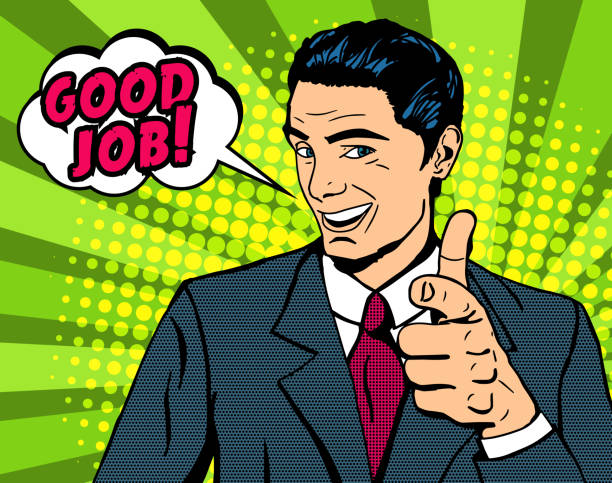 Pop art man pointing finger Pop art man pointing finger with speech bubble Good job. Halftone background assertiveness stock illustrations