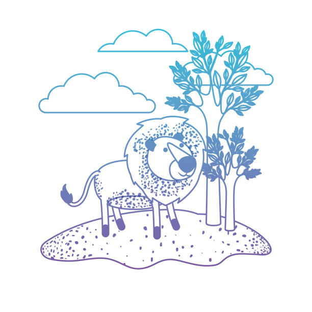 Lion Cartoon In Outdoor Scene With Trees And Clouds In Degraded Blue To  Purple Color Silhouette Stock Illustration - Download Image Now - iStock