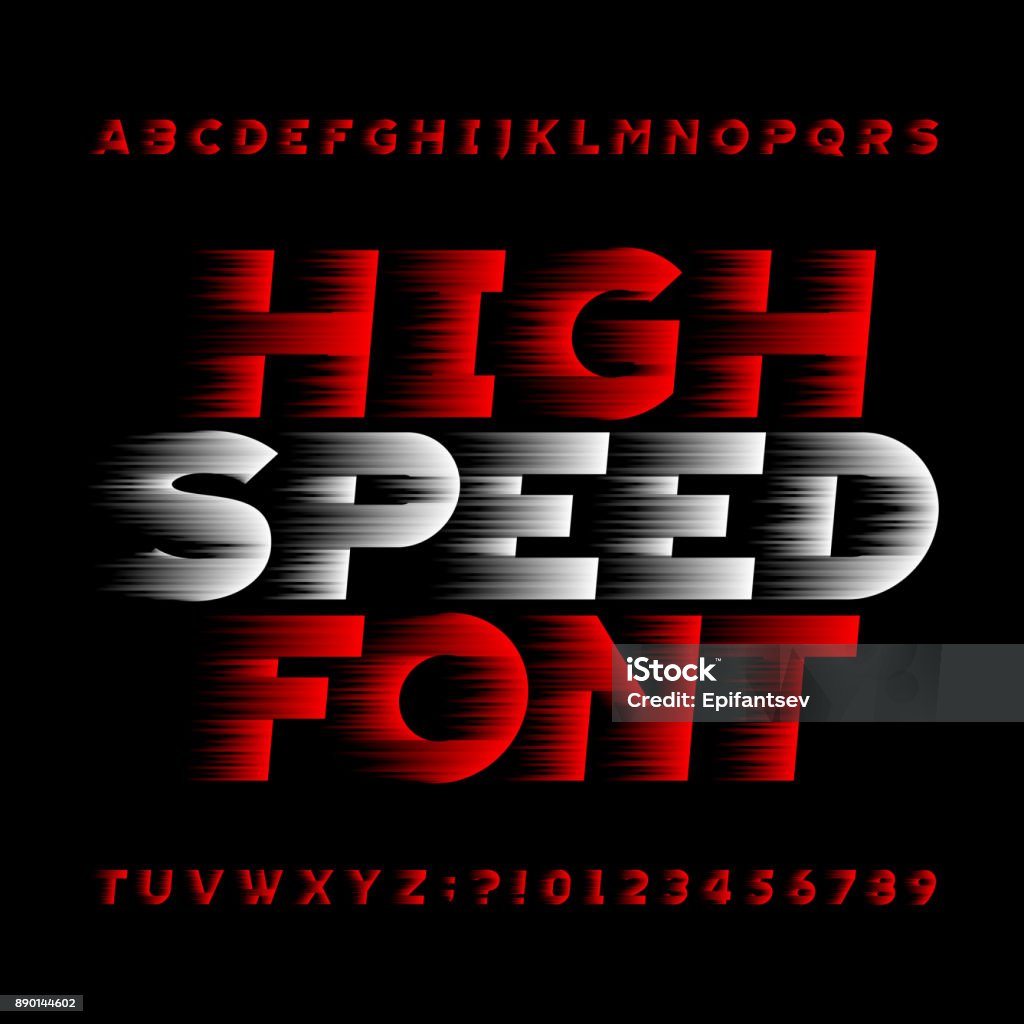 High speed alphabet vector font. Wind effect type letters. High speed alphabet vector font. Wind effect type letters and numbers on a black background. Stock vector typeface for your headers or any typography design. Speed stock vector