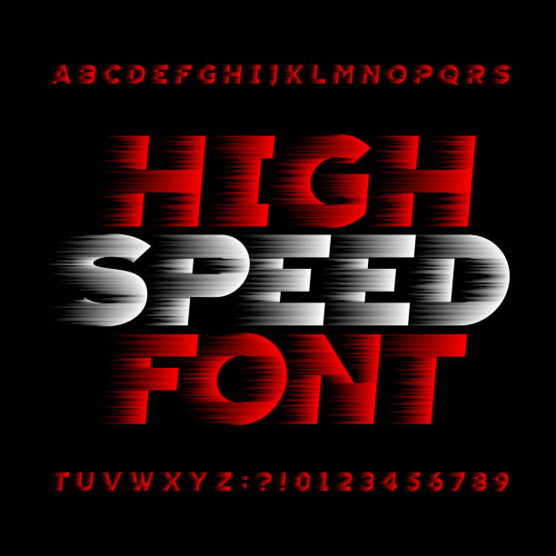 High speed alphabet vector font. Wind effect type letters. High speed alphabet vector font. Wind effect type letters and numbers on a black background. Stock vector typeface for your headers or any typography design. windspeed stock illustrations