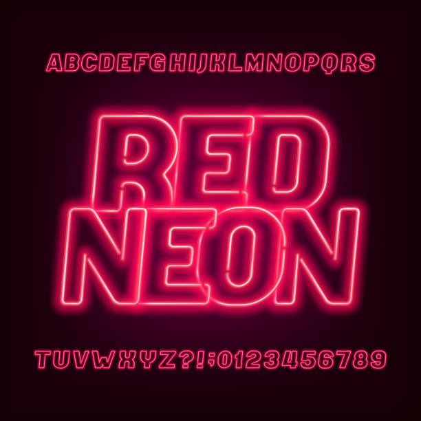 neon röhre alphabet schriftart. rote farbe. - neon stock-grafiken, -clipart, -cartoons und -symbole