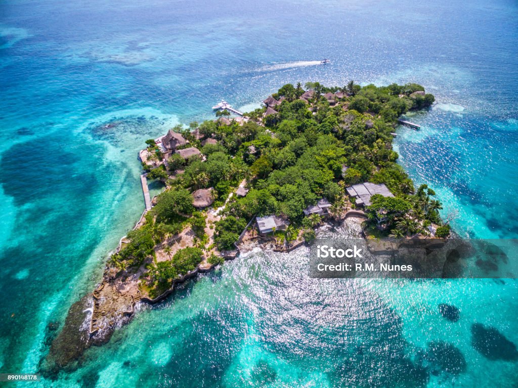 Rosario Islands Aerial View, Cartagena de Indias, Colombia Aerial view of Isla del Pitrata at Rosario Islands, off the coast of Cartagena de Indias, Colombia. Pirate - Criminal Stock Photo