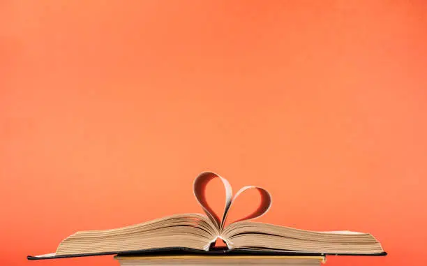 Photo of Heart from book page on red background.Free copy space. Education concept.