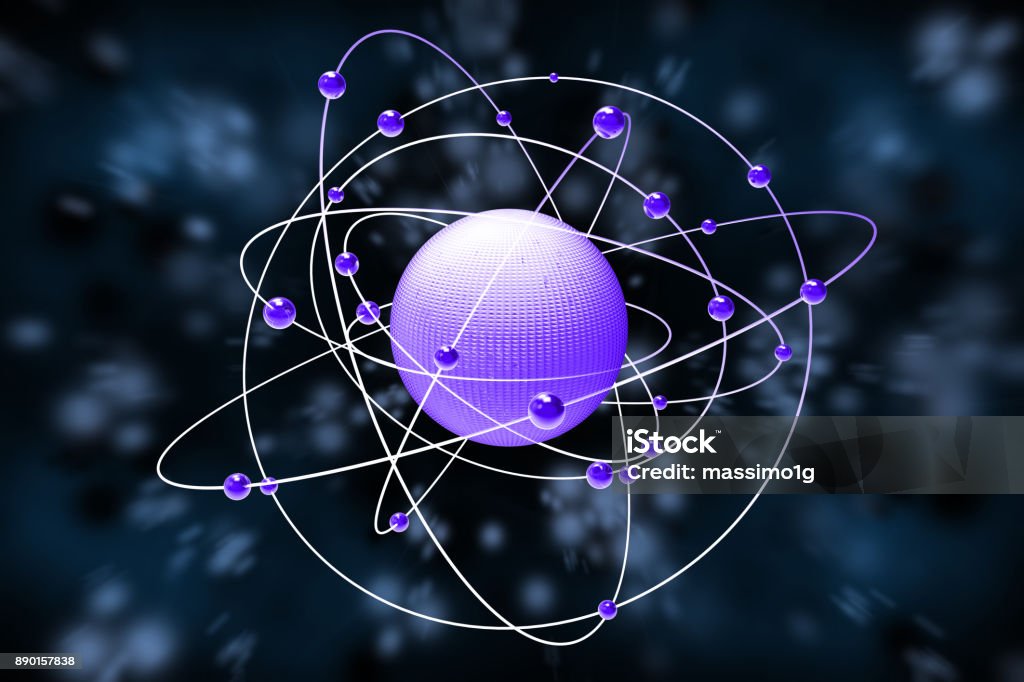 Space atoms planets black and blue background Abstract image. Space, atoms, planets, molecules, electrons on a black and blue background. Abstract Stock Photo