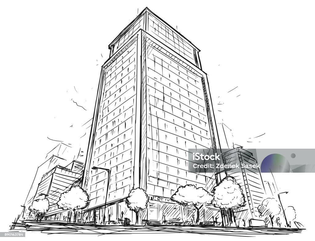 Vector Drawing of City Street High Rise Building Cartoon vector architectural drawing sketch illustration of city street with high rise building. Building Exterior stock vector