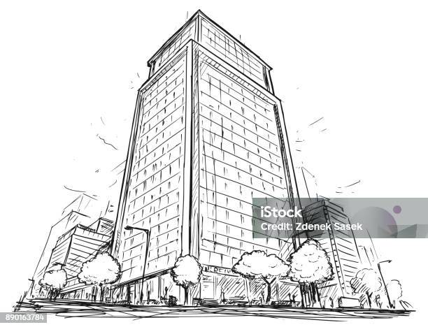 Vector Drawing Of City Street High Rise Building Stock Illustration - Download Image Now - Building Exterior, Sketch, Drawing - Art Product