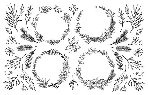 손으로 스케치 벡터 일러스트 레이 션. 꽃 요소와 월계관입니다. 크리스마스 요소입니다. 초대장, 인사말 카드, 웨딩 프레임, 포스터, 지문 및 더에 대 한 완벽 한 - circle nature botany bud stock illustrations