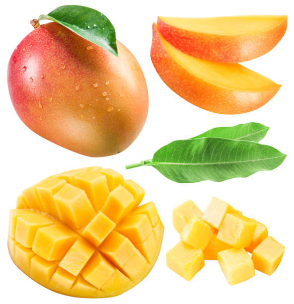 ensemble de fruits mangue, de tranches de mangue et de feuilles. - mangue photos et images de collection