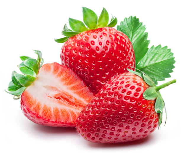 tres fresas con hoja de fresa. - strawberry fotografías e imágenes de stock