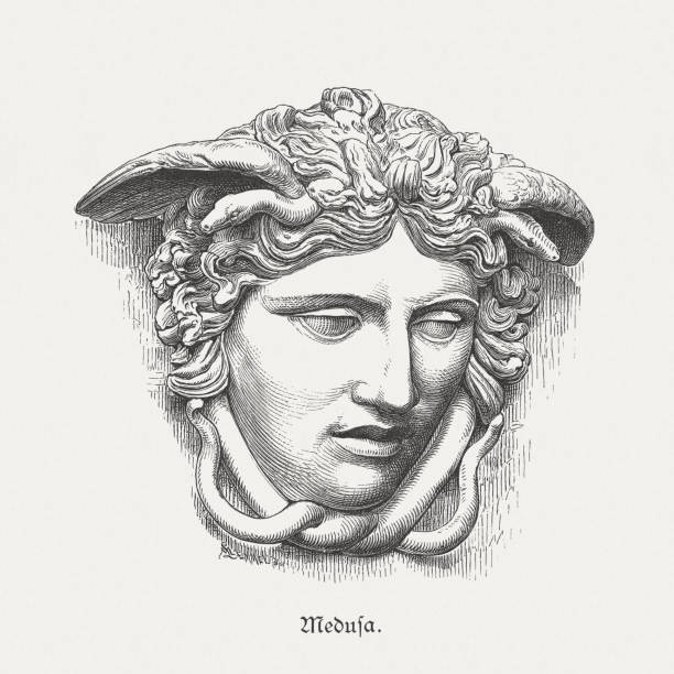 illustrazioni stock, clip art, cartoni animati e icone di tendenza di medusa rondanini, scultura antica, glyptothek a monaco di baviera, germania, pubblicata nel 1879 - medusa greek mythology mythology gorgon