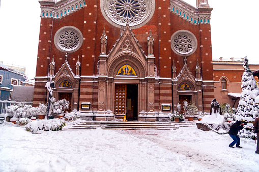 Istanbul, Turkey - January 7, 2017: Istanbul under heavy snow on January 7. View from St. Antoine Catholic Church on Istiklal Avenue, Istanbul Turkey.