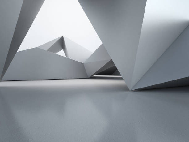 istock Geometric shapes structure on empty concrete floor with polygonal wall background in hall or modern showroom, Construction technology for future architecture - Abstract interior design 3d illustration 890202500