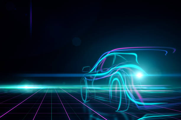 Transport and design concept Creative glowing digital car on black background. Transport and design concept. 3D Rendering car technology stock pictures, royalty-free photos & images