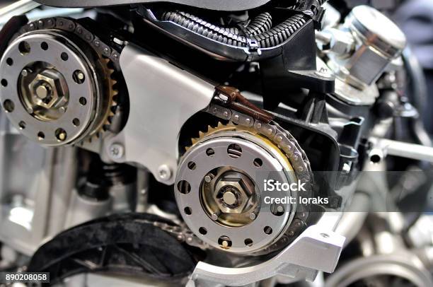 Timing Chain On A Gears From A Car Engine Stock Photo - Download Image Now - Chain - Object, Timer, Car