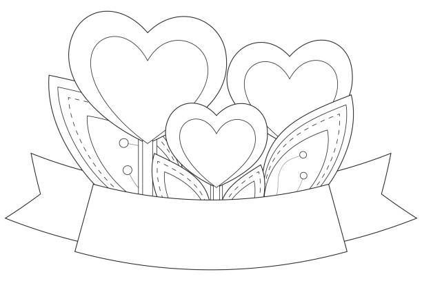 Heart plants with leafs and ribbon with place for text Black and white heart plants with leafs and ribbon with place for text. Coloring book page for adults and kids. Valentine day holiday vector illustration for gift card, flyer, certificate or banner happy valentines day book stock illustrations