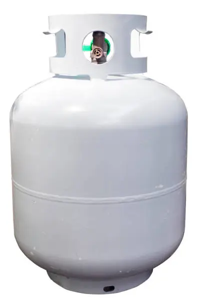 Household white propane tank. Isolated. Vertical.