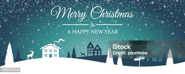 Merry Christmas Winter Landscape Skyline Silhouette Stock Illustration - Download Image Now