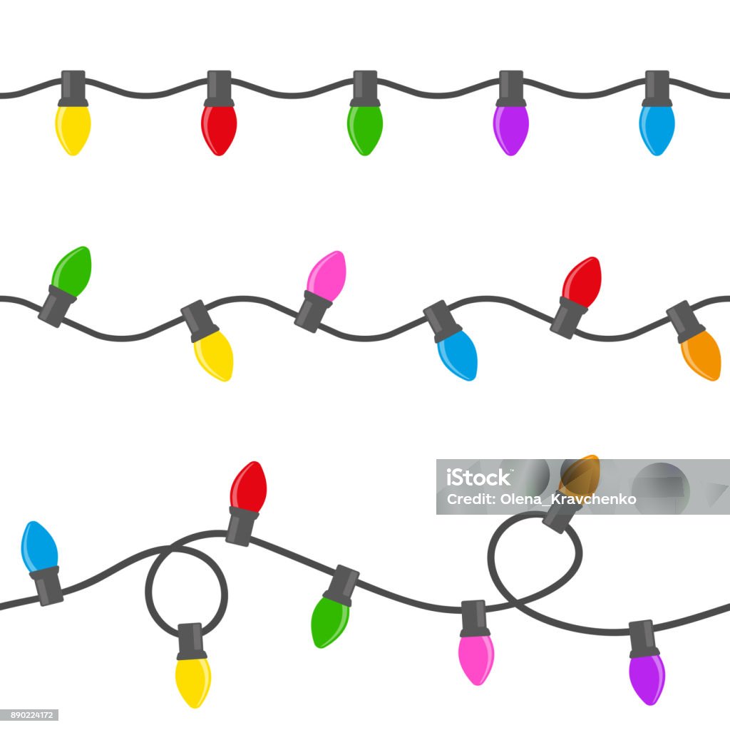 Garland glowing seamless pattern Set of Christmas lights, garland of multi-colored light bulbs on a white background. Seamless pattern, vector illustration Christmas Lights stock vector