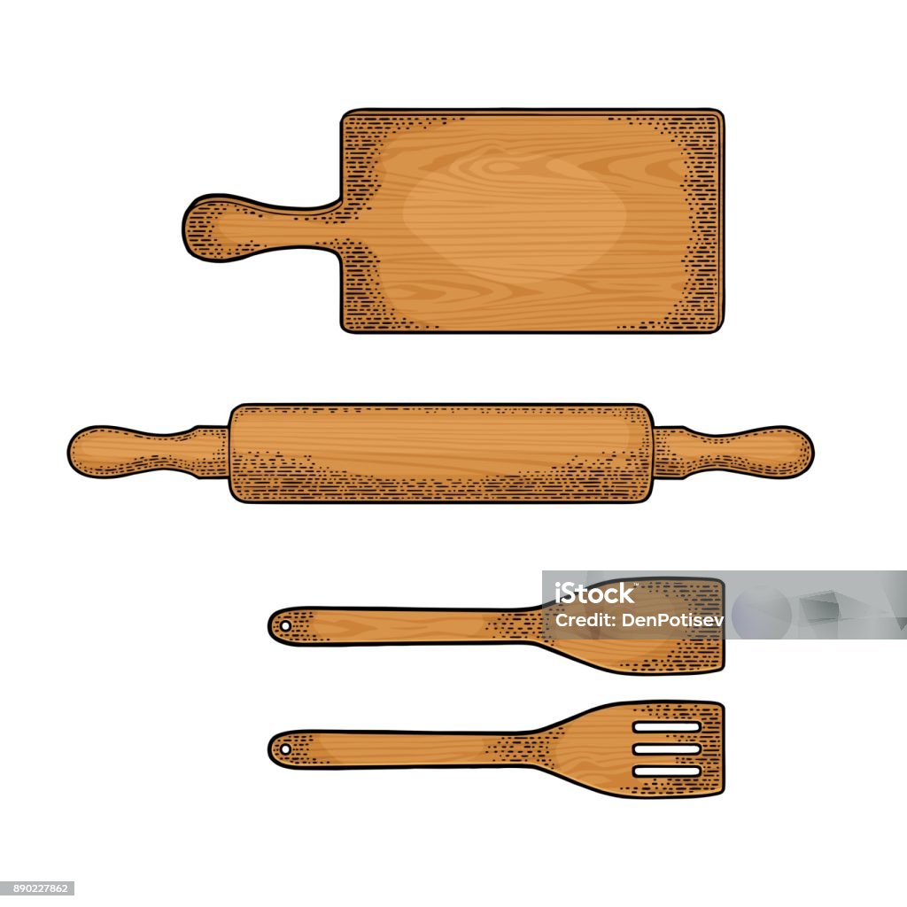 Wood spade of frying pan. Vector color vintage engraving Set wood kitchen utensils. Spade of frying pan, cutting board, rolling pin. Vector color vintage engraving illustration for menu, poster. Isolated on white background Baking stock vector