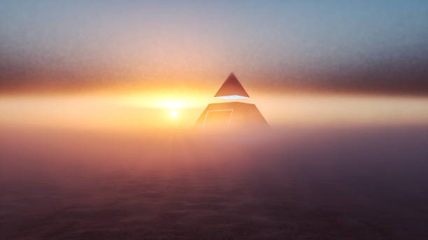 Mysterious alien pyramid in the desert at sunset