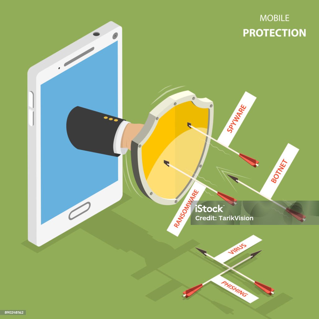 Mobile protection flat isometric vector concept. Mobile protection flat isometric vector concept. Man hand with a shield appeared from smartphone to defend it from flying arrows with the captions as phishing, virus, botnet, spyware, ransomware. Ransomware stock vector