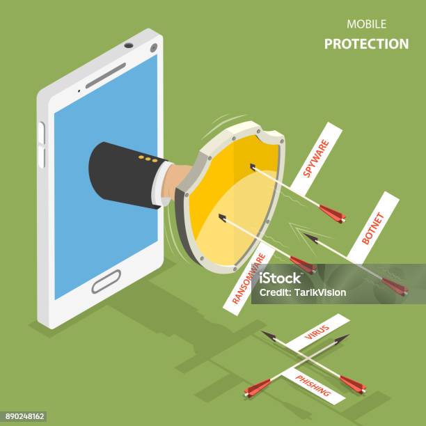 Mobile Protection Flat Isometric Vector Concept Stock Illustration - Download Image Now - Ransomware, Violence, Protection