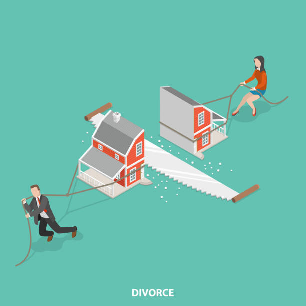 Divorce flat isometric vector concept. Divorce flat isometric vector concept. Man and a woman are dragging their half of the sawn house. divorce papers stock illustrations