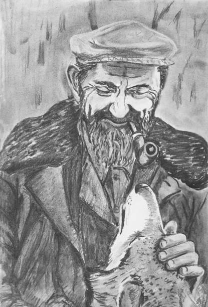 犬と老人の肖像画。紙に描く - picture hat点のイラスト素材／クリップアート素材／マンガ素材／アイコン素材