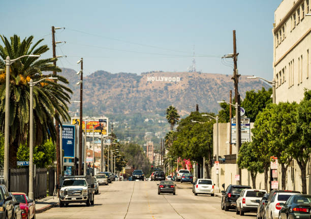 Hollywood Sign view from Gower Street on the 14th August, 2017 - Los Angeles, LA, California, CA, USA stock photo