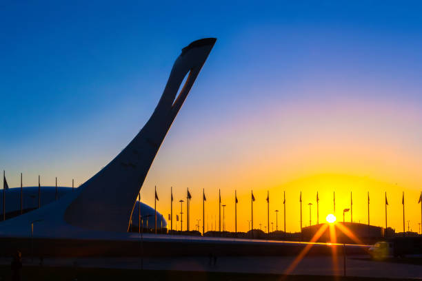 flamme olympique dans le parc de sotchi, adler, russie - mai 2016. - olympic torch photos et images de collection