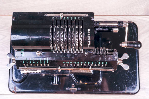 istock Old rusty retro calculator black standing on a wooden table 890294818