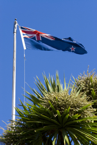 The flag of New Zealand flying over Christchurch