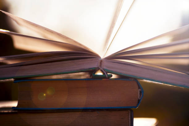 istock Open book on wooden table on natural background. Soft focus 890315184