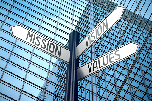 Mission, vision, values - crossroads sign, office building. 

