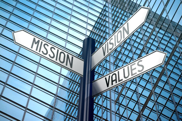 Mission, vision, values - crossroads sign, office building stock photo