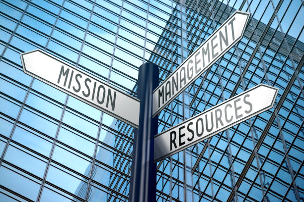 istock Mission, management, resources - crossroads sign, office building 890332208