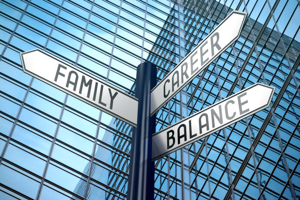 istock Work balance - crossroads sign, office building 890332248