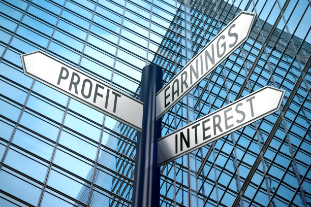 istock Profit, earnings, interest - crossroads sign, office building 890334402
