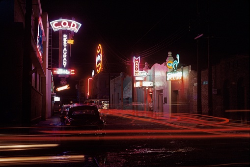 Entertainment district in Nuevo Laredo, Mexico, 1960