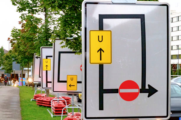 traffic signs in a row next to Richard-Strauss-Str. in Munich, Germany