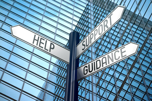 istock Support concept - crossroads sign, office building 890337308